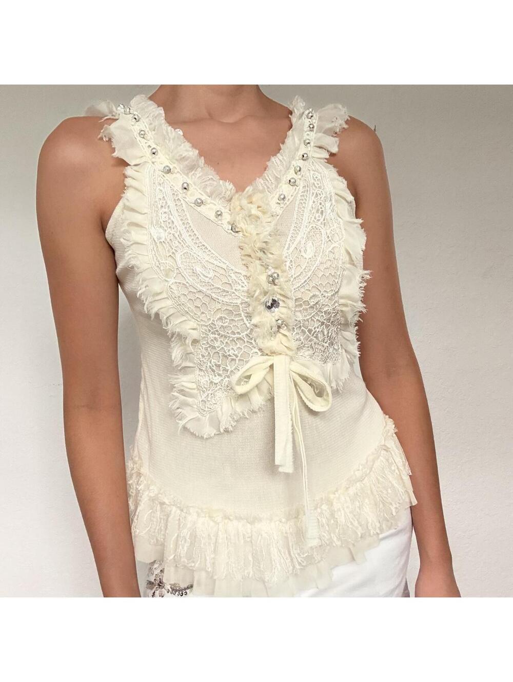 Y2K Pretty Angel white lace beaded ruffle blouse